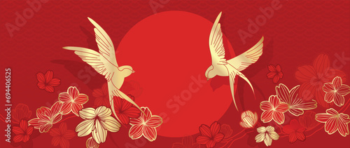 Elegant Chinese oriental pattern background vector. Elegant swallow bird and cherry blossom flower golden line art on red background. Design illustration for happy new year, wallpaper, banner, card.
