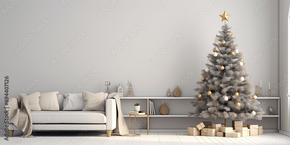 Minimalistic scandinavian living room with stylish Christmas tree. Customize text. Minimalistic scandinavian living room with stylish Christmas tree. Customize text.