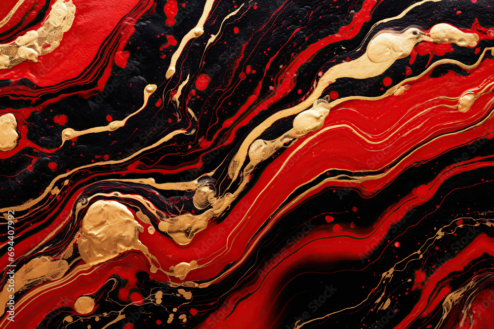 Black, gold and red marble abstract background. Decorative acrylic paint pouring rock marble texture. Horizontal Black and gold wavy abstract pattern - obrazy, fototapety, plakaty 