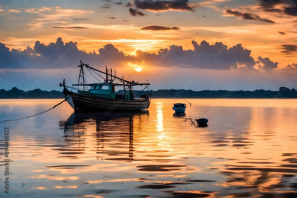 fishing boat during the dusk. With Le Morn Brabant in the backdrop. panoramic view