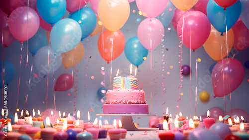 birthday cake with candle and balloons