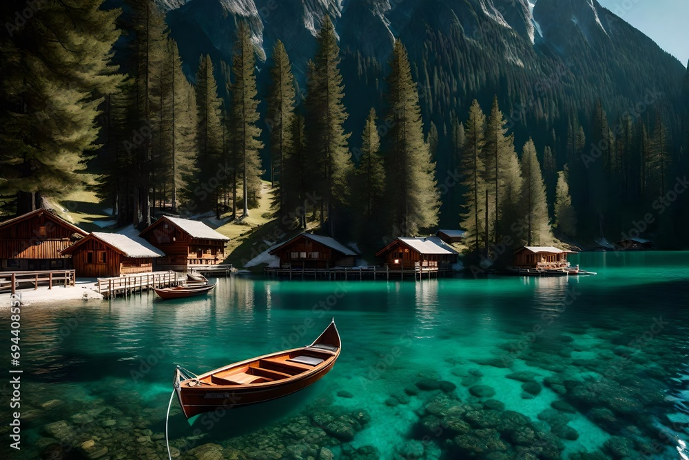 Boats on the Pragser Wildsee (Braies Lake) in the Italian region of Sudtirol in the Dolomites