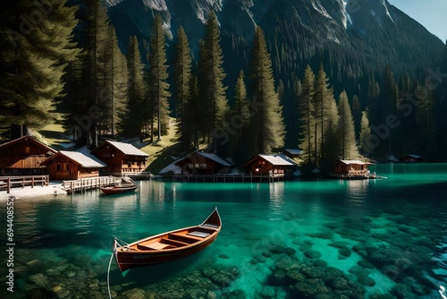 Boats on the Pragser Wildsee (Braies Lake) in the Italian region of Sudtirol in the Dolomites
