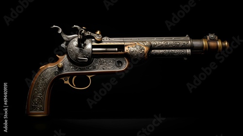 Pirate pistol on a black background, historical gun for pirate event, pirate themed costume party, weapon from the past, history firearm photo