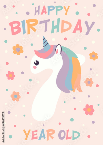 Birthday invitation card design with number and unicorn. Seven year. Vector illustration of template on pastel background. Invitation for children and adults. Ready to use and editable template.