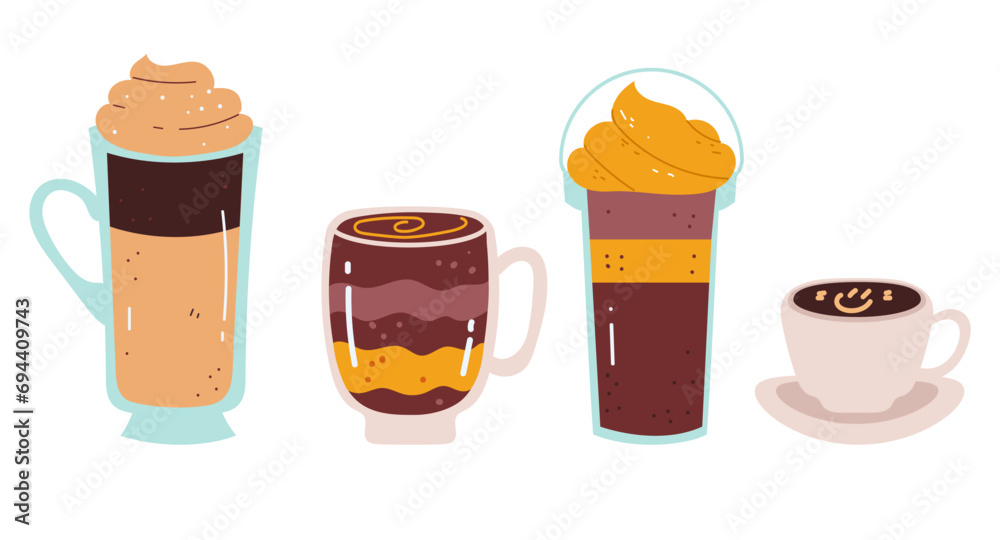 Hot drink mug cup coffee cappuccino milk isolated set concept. Vector flat graphic design illustration Hot drink mug cup coffee cappuccino milk isolated set concept. Vector flat graphic design illustration