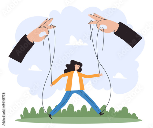 Manipulate puppet marionette hand authority manipulation concept. Vector flat graphic design illustration 