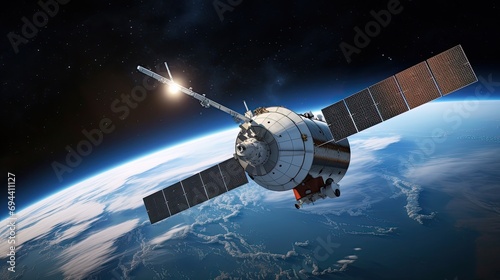 A communications satellite in orbit around our planet. Satellite for transmitting data to the Internet and cellular communications.