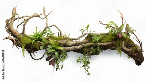 Fototapeta Naklejka Na Ścianę i Meble -  Twisted wild liana messy jungle vines plant with moss, lichen and wild climbing orchid leaves isolated on white background isolated on white background,. Created using Generative AI Technology