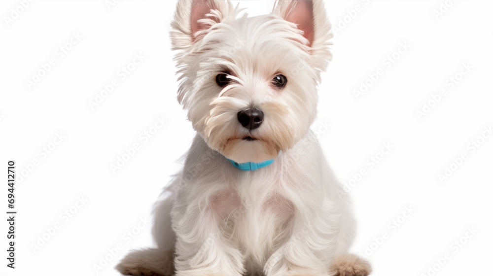 Sitting highland terrier dog wearing a santa hat for christmas isolated on white background as transparent PNG isolated on white background,. Created using Generative AI Technology - obrazy, fototapety, plakaty 