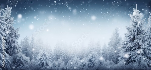Magic of winter in snowy forest. Landscape is covered in pristine blanket of snow creating serene and peaceful atmosphere. Trees adorned with frost and snowflakes stand tall against cold blue sky
