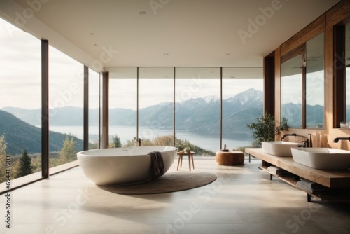 A large bathroom with bathtubs, large panoramic windows and a beautiful view of the mountains. Modern interior design, hotel, leisure. © liliyabatyrova