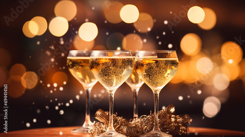glasses with champagne on table against blurred lights
