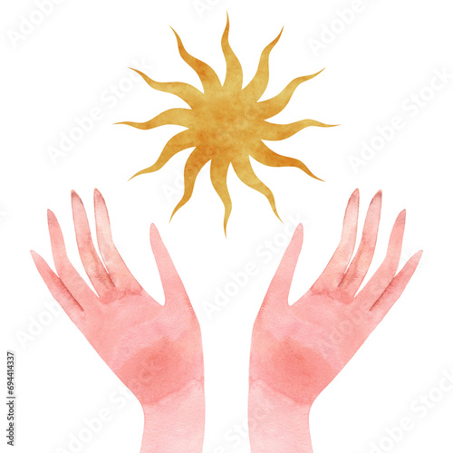 Watercolor illustration of the Sun and woman's hands. Spiritual composition isolated on a transparent background.