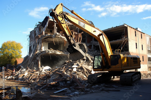 Destruction of old house by excavator. Bucket of excavator breaks concrete structure photo