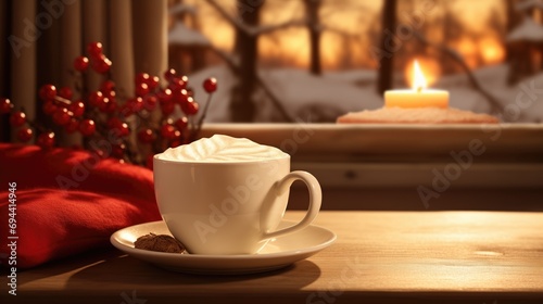  a cup of hot cocoa on a table next to a fireplace, warm christmas drink in front of the fireplace