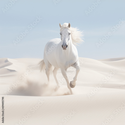 White horse running in the desert. Gallop. Freedom concept.