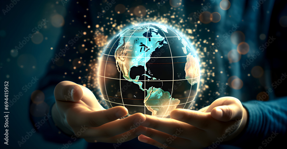 hands holding a glowing, transparent globe with USA america and south america continents and connection lines, symbolizing global connectivity