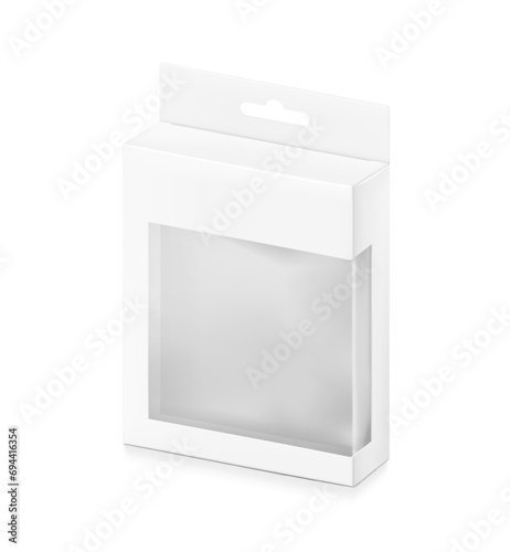 White package box with hang slot and transparent window mockup for electronic accessories. Half side view. Vector illustration isolated on white background. Ready and simple to use for your design.