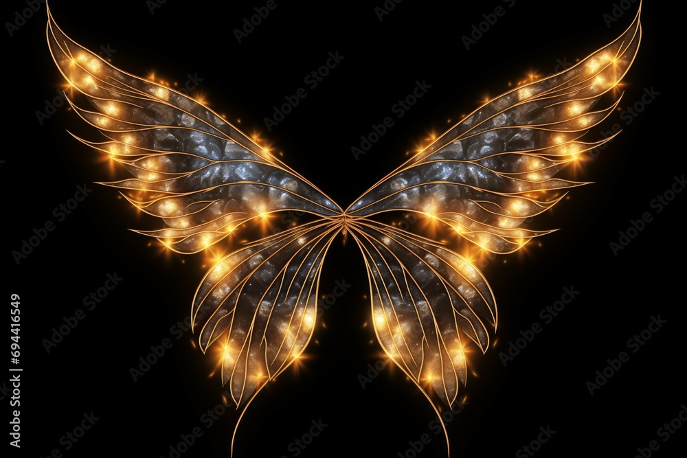 Big gold shimmering fairy wings on black background, element for masking or photo zone. - obrazy, fototapety, plakaty 