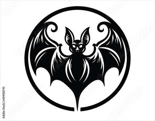 Bat sign in circle. Batman emblem in circle. Creepy bat black vector icon on white background. Car or weapon logo with bat full body and open wing. Batman icon concept. Halloween badge. Superhero sign