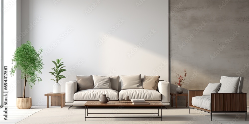 Contemporary, well-decorated living room in minimalist apartment for rent. - obrazy, fototapety, plakaty 