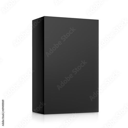 Realistic black cardboard box mockup. Vector illustration isolated on white background. Half side view. Can be use for food, cosmetic, pharmacy, sport and etc. Ready for your design. EPS10.