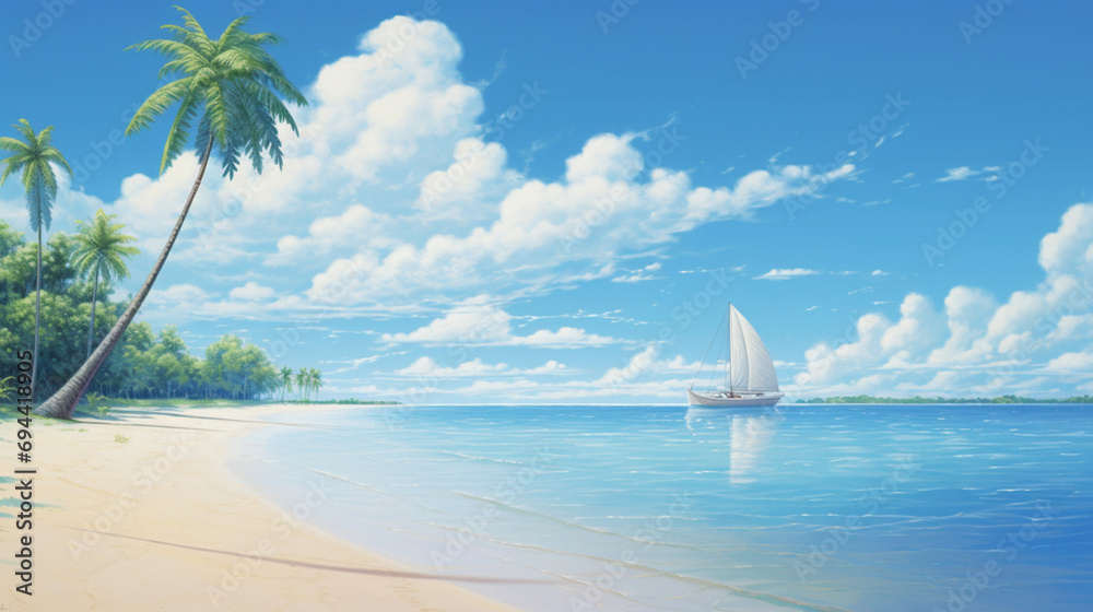 Beach with palm trees. Paradisiacal landscape. Ocean. White sand, blue ocean, palm trees. Beach.