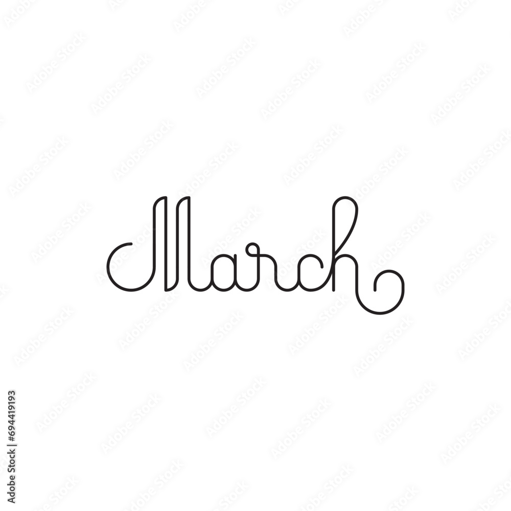 March Month Monoline Outline Lettering. Vector Illustration of Copperplate Calligraphy Style Phrase. Spring Seasonal.