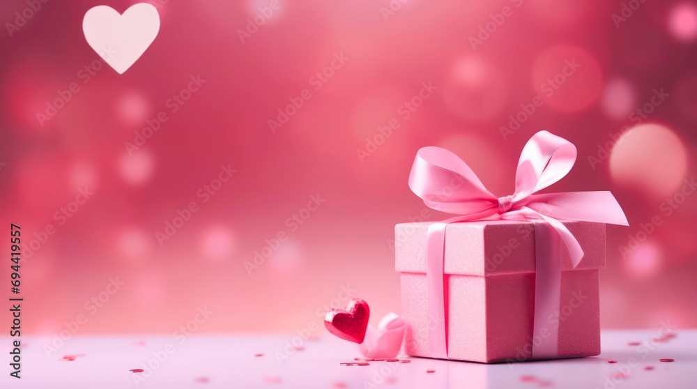 Pink gift box on blurred pink background with copy space for Valentine's day.