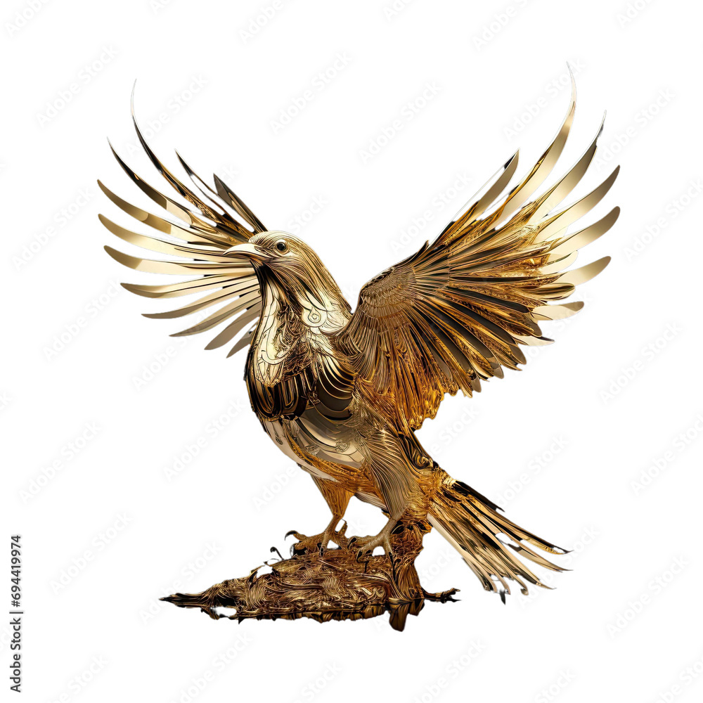 Fototapeta premium Lucky golden animal concept. Statue of a bird made of gold on a transparent background