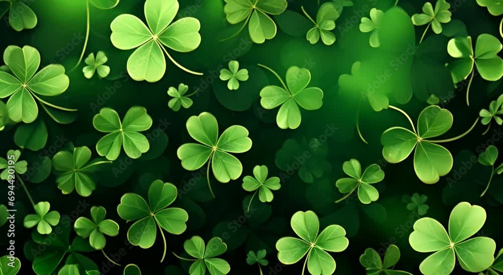Numerous green clover leaves with bright outlines against a dark background, creating an festive backdrop. The concept of celebrating St. Patrick's Day.