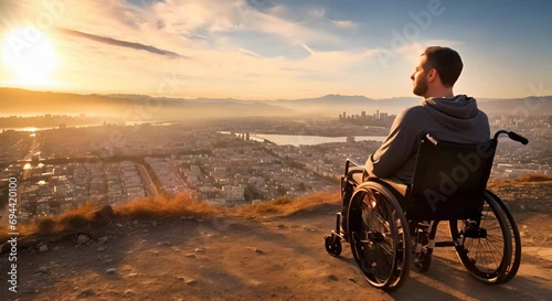 An adult man in a wheelchair looking out over a cityscape at sunrise. The concept of nonstandard appearance. photo