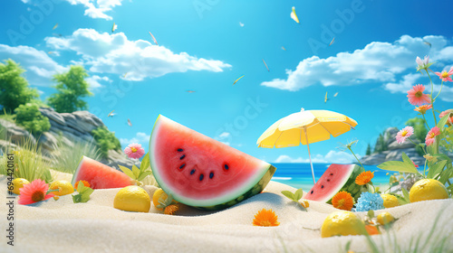 a piece of watermelon on a summer background