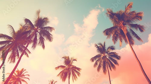 Coconut palm trees on pink sky background. Vintage toned   © Ilya