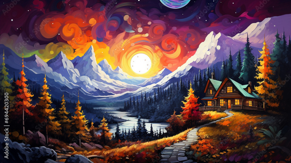 Fototapeta premium Landscape with mountains. A solitary house stands in the mountains. Bright sunset. Landscape with mountains and forest.