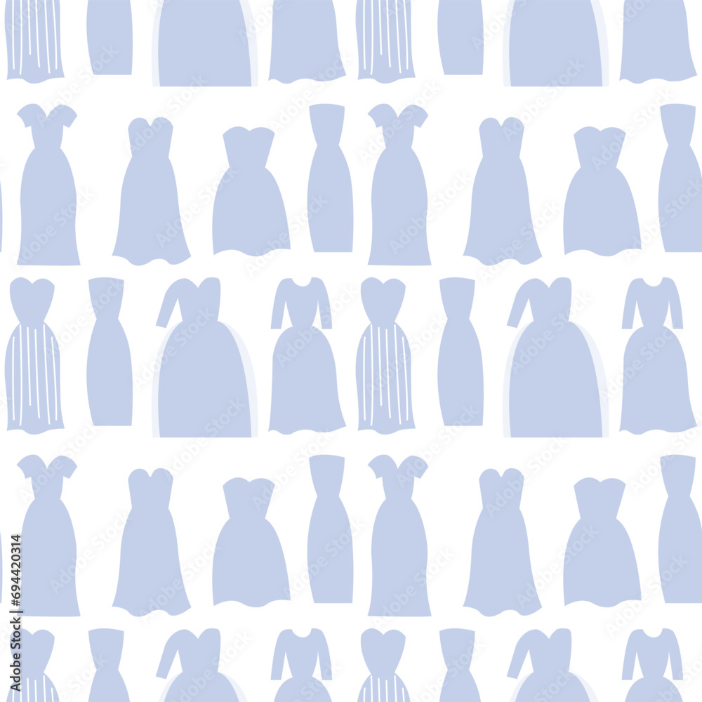 Seamless pattern with blue dresses for textile print. Women clothes brand or store.