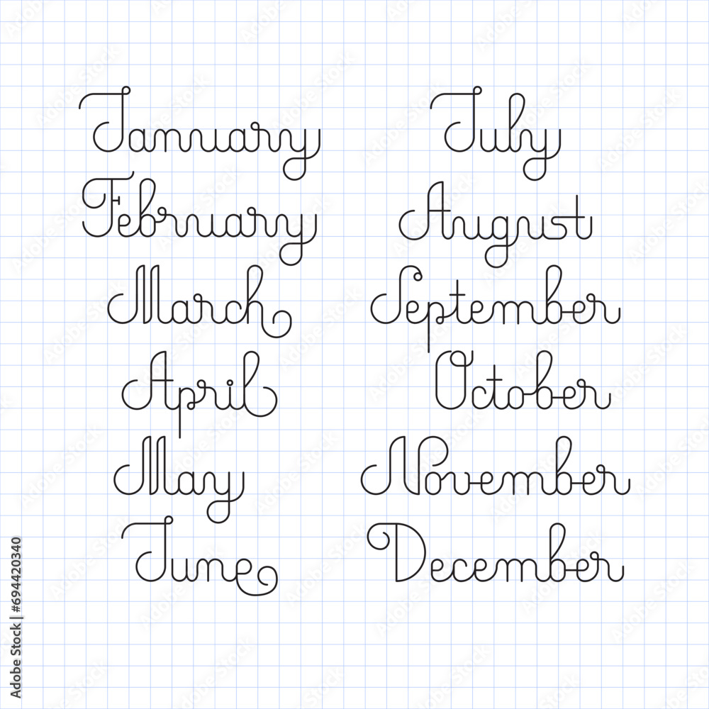 Months Line Font. Vector Illustration of Copperplate Calligraphy Style Phrase. Seasonal Text. Months Line Font. Vector Illustration of Copperplate Calligraphy Style Phrase. Seasonal Text.