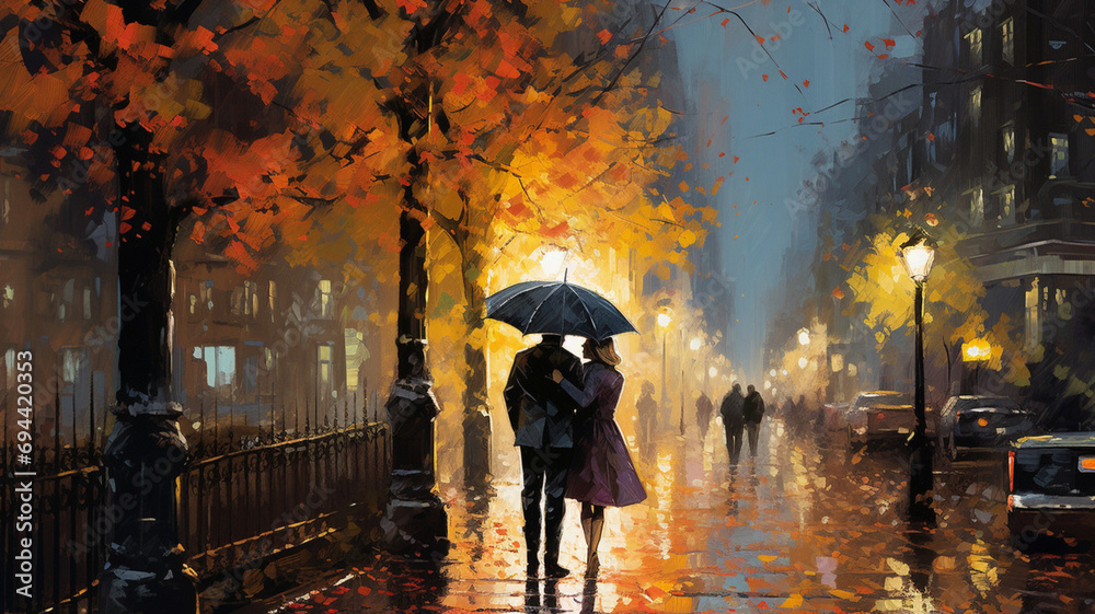 Autumn evening. A couple walks in the rain. Couple under an umbrella. People under an umbrella. Autumn rain. Couple strolls in the autumn rain.