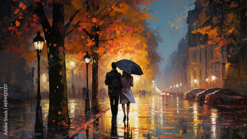 Autumn evening. A couple walks in the rain. Couple under an umbrella. People under an umbrella. Autumn rain. Couple strolls in the autumn rain.