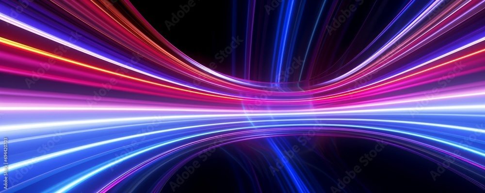 3d render, abstract panoramic neon background with glowing colorful lines, Generative AI