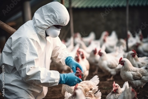 Veterinarian in protective equipment inspecting the poultry at chicken farm,  bird flu infection photo