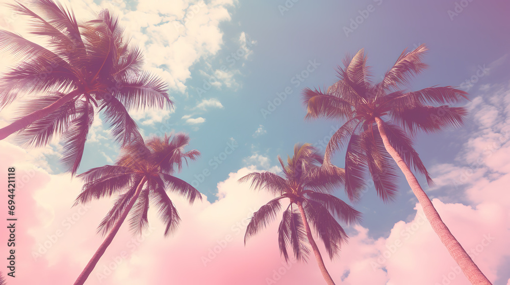 Coconut palm trees on pink sky background. Vintage toned