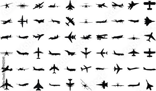 Black airplanes silhouettes. Military jet fighter and civil aviation cargo and passenger planes icons isolated on white background