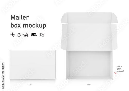 Realistic open post box mockup. Vector illustration isolated on white background. Flat lay view.Ready for your design. EPS10.
