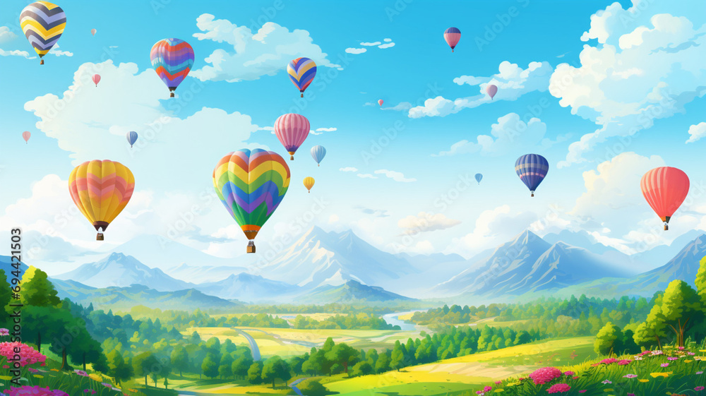 Hot air balloons in the sky. Balloons in the Sky. Landscape with Balloons. Blue Sky and Balloons.