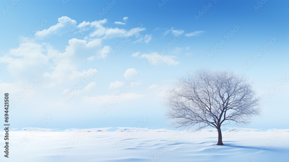 Winter landscape. A solitary tree stands in the wintry field. Snowdrifts cover the field. Clear sky with a bright sun. Sun in wintry weather Winter landscape. A solitary tree stands in the wintry field. Snowdrifts cover the field. Clear sky with a bright sun. Sun in wintry weather