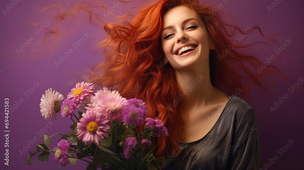 Portrait of a woman with flowers. Portrait of a girl with flowers. The girl is laughing. Portrait of a laughing girl with flowers. Girl with chrysanthemums. Portrait of a girl on a purple background. Portrait of a woman with flowers. Portrait of a girl with flowers. The girl is laughing. Portrait of a laughing girl with flowers. Girl with chrysanthemums. Portrait of a girl on a purple background.