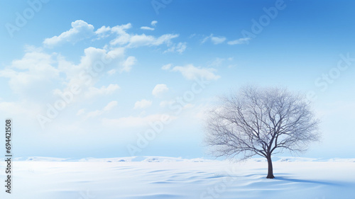 Winter landscape. A solitary tree stands in the wintry field. Snowdrifts cover the field. Clear sky with a bright sun. Sun in wintry weather
