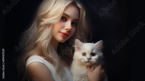 Portrait of a girl with a cat. Girl with a white cat. Portrait of a blonde girl with a white cat. Owner with her pet